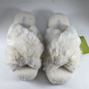 UltraIdeas Plush Slippers Women Size XL 11-12 Ivory Cross Band Slip-On Fuzzy